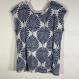 Joie Womens L 100% Linen Blue White Palm Print Button Back Blouse Top